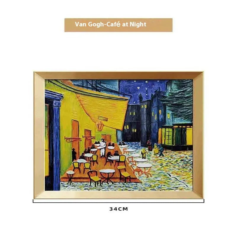 DIY oil painting kit with colour pots, brushes, and a canvas showing Van Gogh's Starry Night design.
