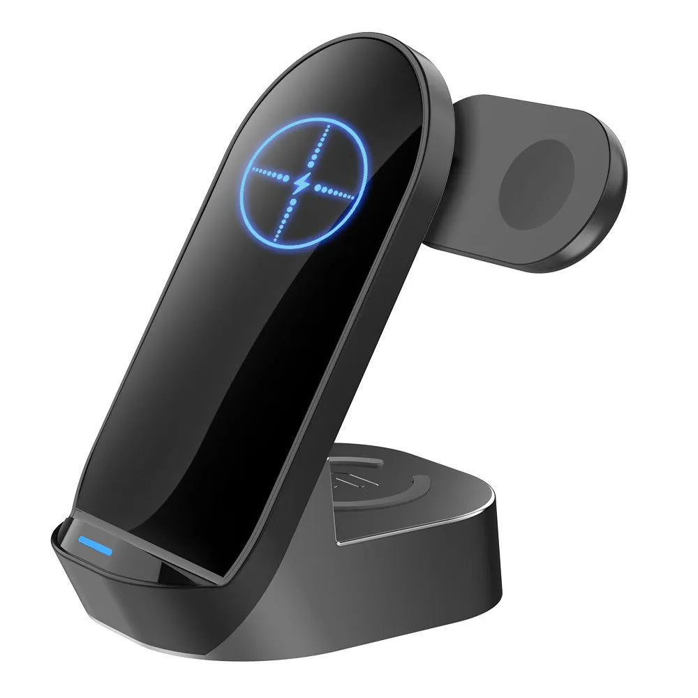 Black-grey foldable 3-in-1 wireless charging stand holding a phone, smartwatch, and earbuds case upright.