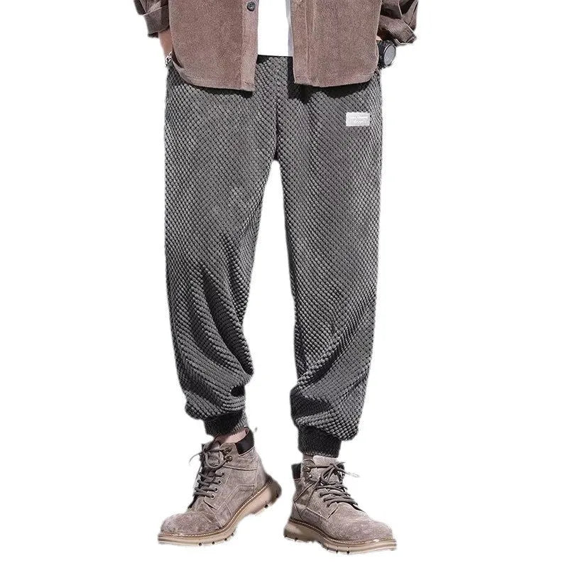 Men's grey ankle-tied casual sweatpants with straight leg cut and adjustable fastening