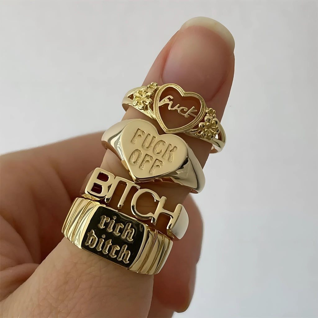 Vintage alloy ring set of four with heart shapes and letter cutouts, electroplated finish, colour JH1084