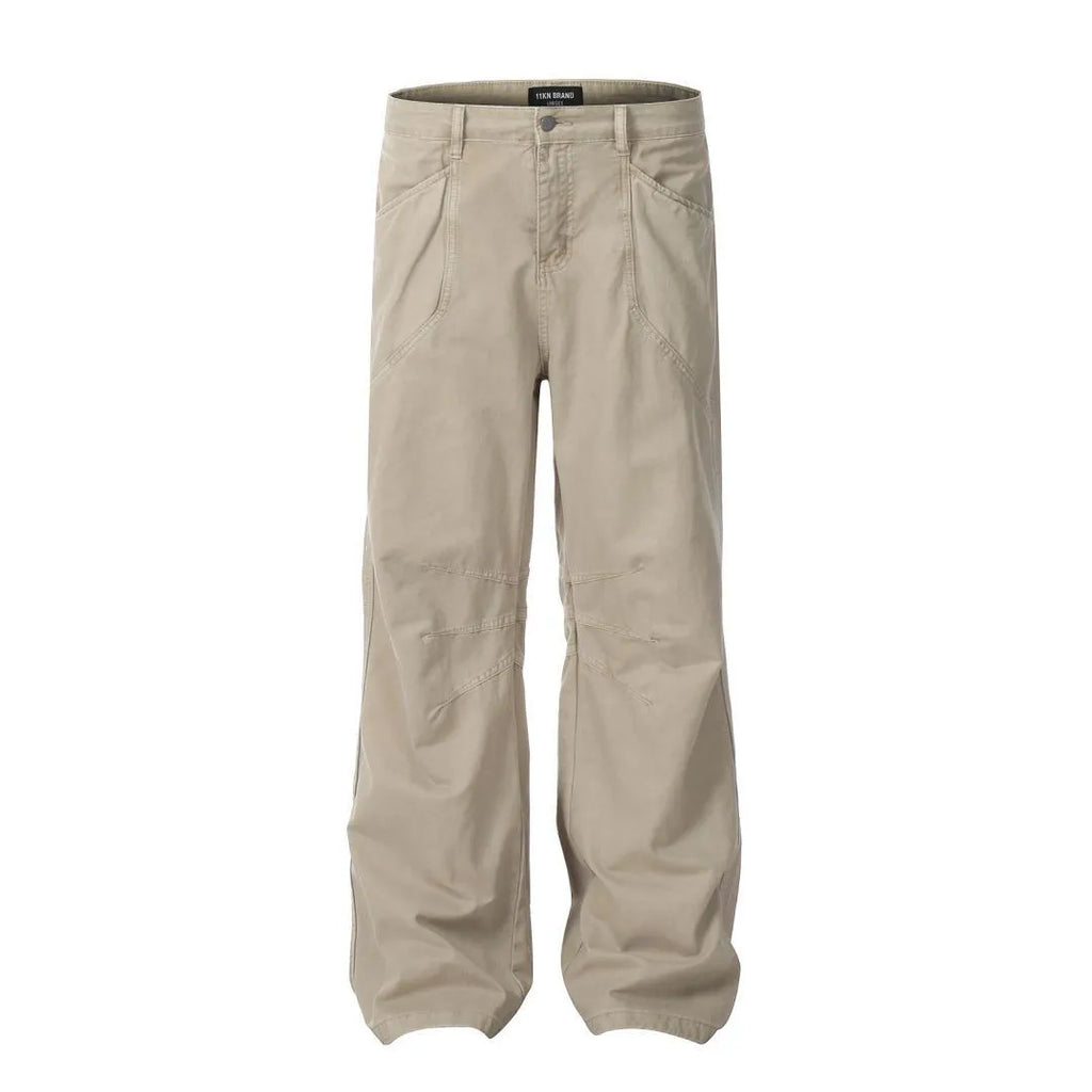 Men's brown loose straight leg trousers with high waist and zip fly