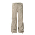 Men's brown loose straight leg trousers with high waist and zip fly