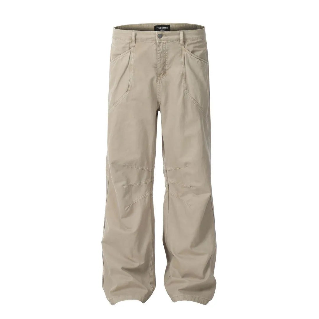 Men's brown loose straight leg trousers with high waist and zip fly