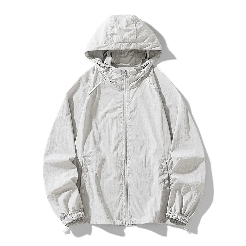 Loose fit unisex outdoor sports jacket in nylon blend fabric on a hanger.