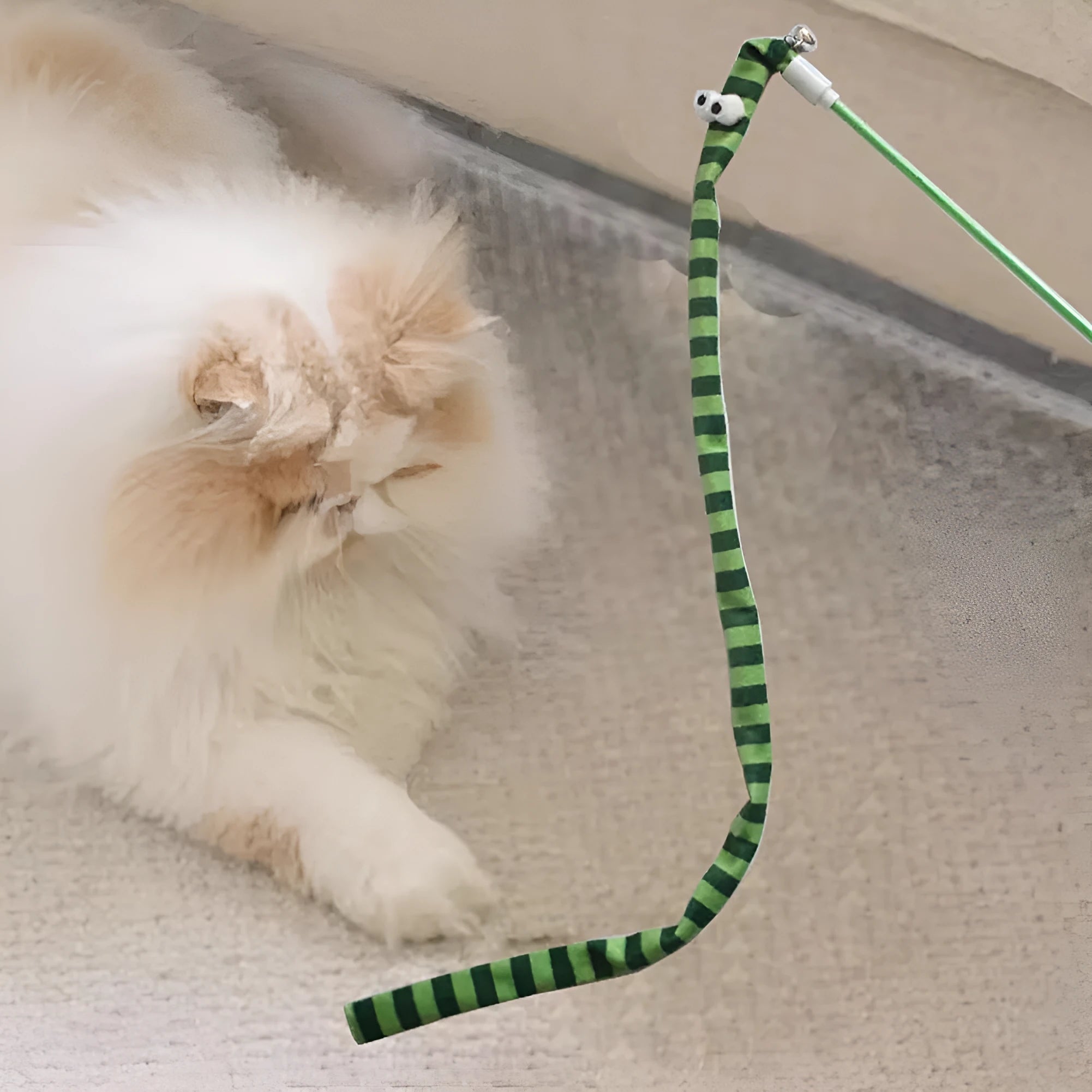Cat wand teaser toy with polycarbonate pole and colourful plush strip for interactive play