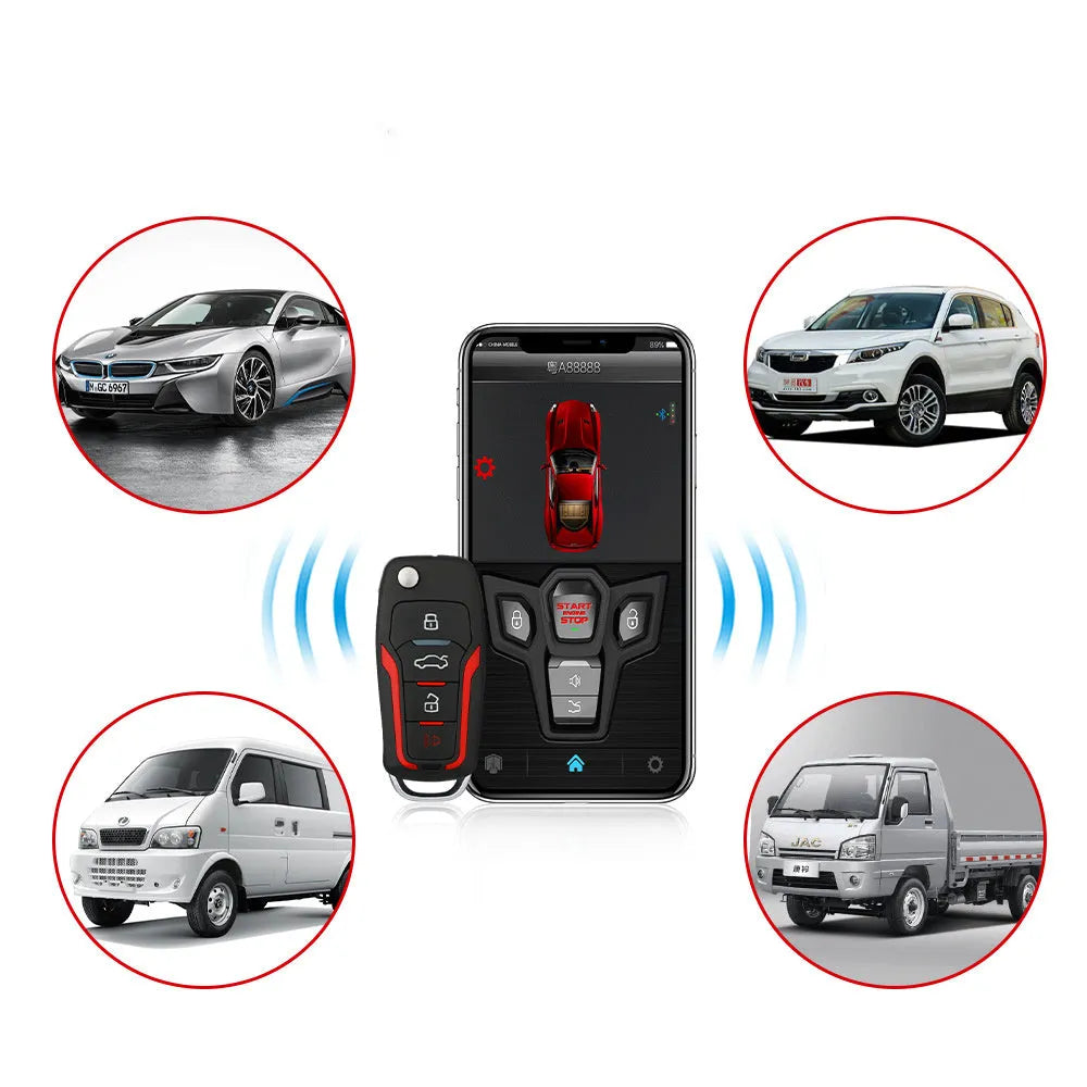 Red and black one-way car alarm remote control unit with two key fobs.