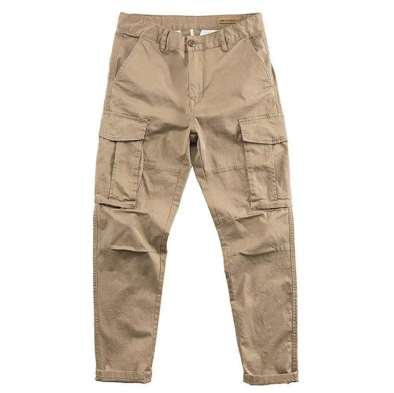 Men's multi-pocket cotton work trousers in a cropped leg style, shown in khaki colour.