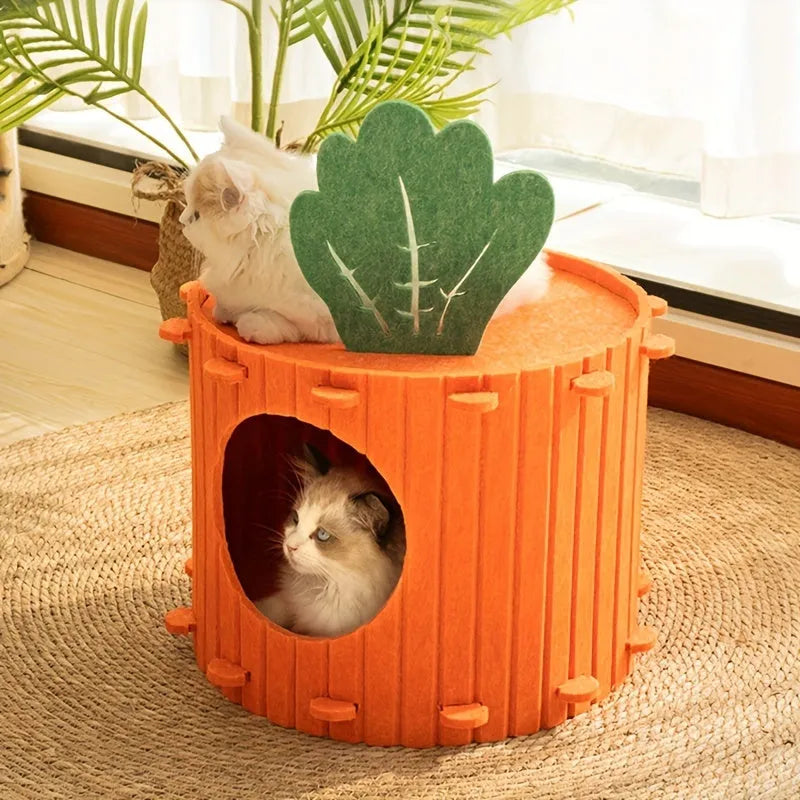 Beige carrot-shaped felt cat nest with multiple holes, shown in a home setting.