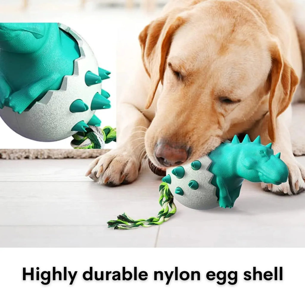 Blue durable rubber dinosaur dog chew toy with a green nylon rope, shown for scale.