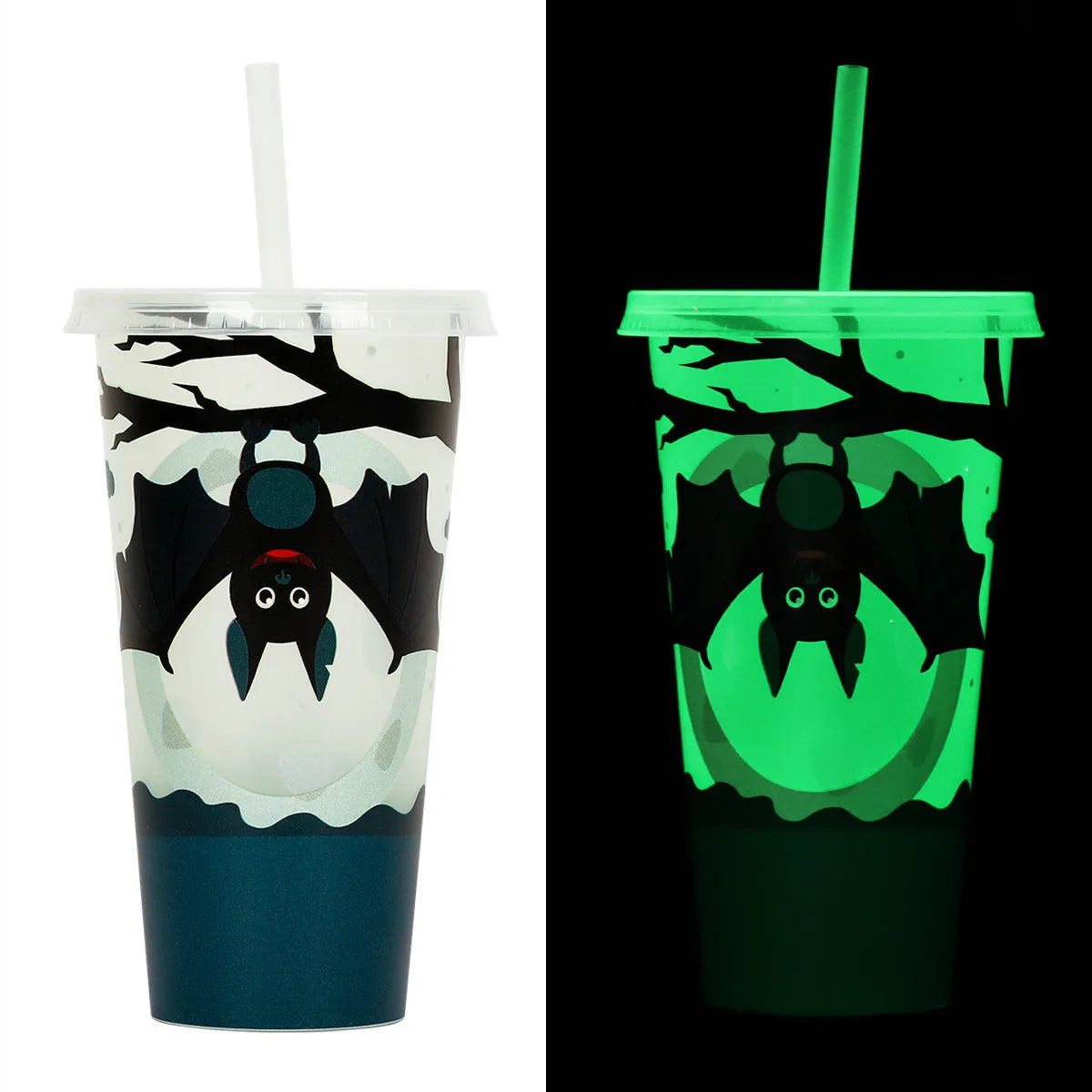 Halloween-themed 720ml plastic sippy cup with luminous straw in assorted colours.