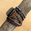 Agate woven bohemian watch band with natural stone beads on textured background, two size options