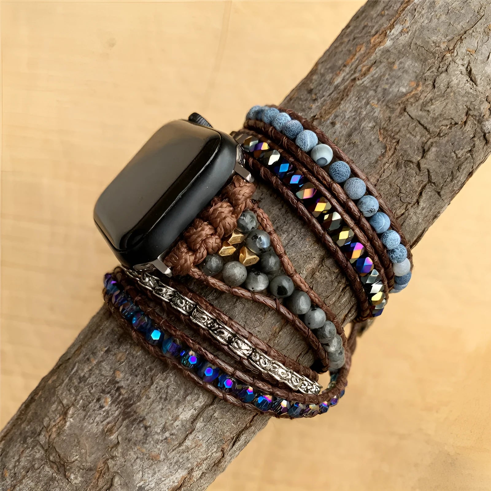 Agate woven bohemian watch band with natural stone beads on textured background, two size options