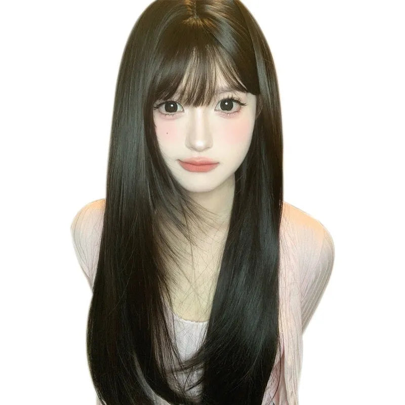 Dark brown straight women's wig with bangs for round face shapes