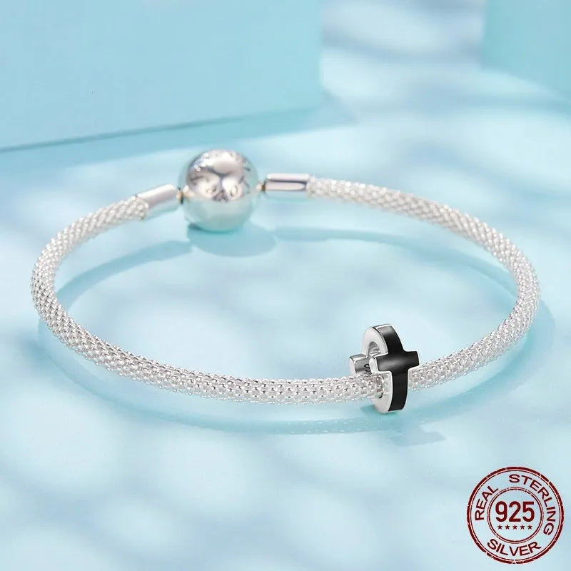S925 sterling silver black cross spacer bead, 1.0cm by 0.6cm with 0.45cm hole, colour SCC3093