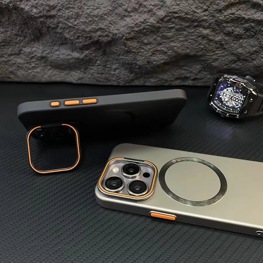 Frosted magnetic iPhone case with invisible bracket, shown in black, with lens protectors.