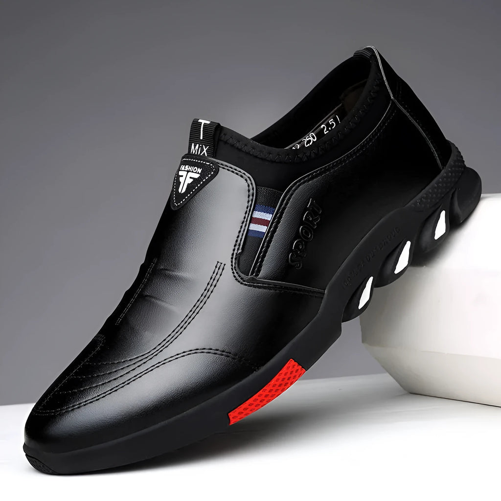 Men's black and brown PU business shoes with plain toe design and UK sizes 5-12