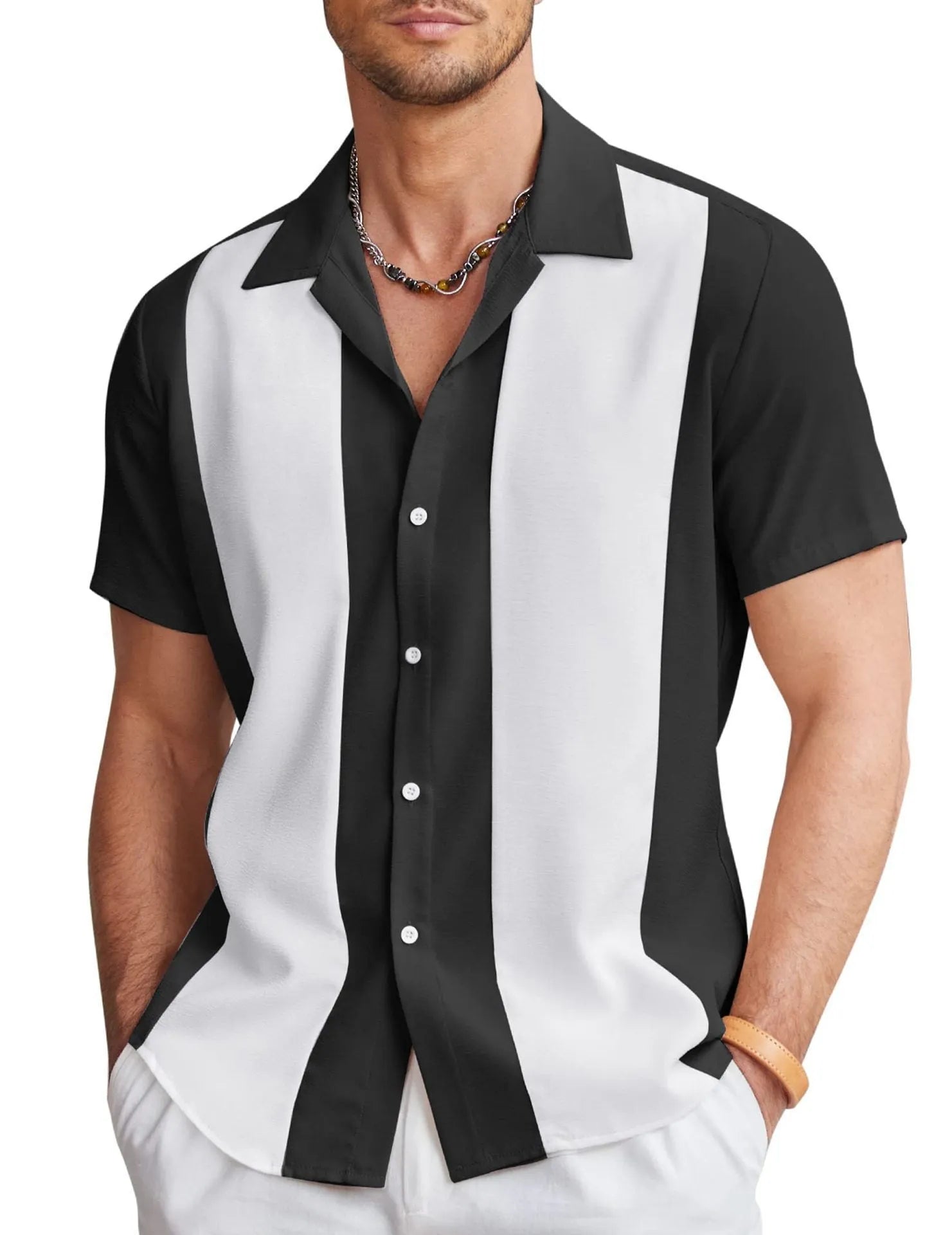 Men's elastic Hawaiian shirt with digital print pattern in slim fit design