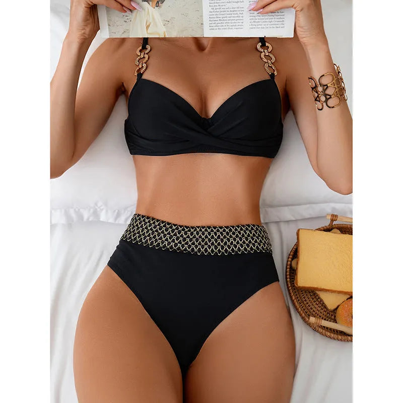 Black European American style bikini swimsuit with sleeveless top and split briefs