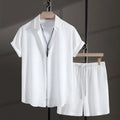 Men's casual cotton blend short sleeve shirt and shorts set in black, laid flat.