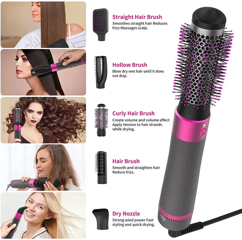 Dyson grey 5-in-1 hair dryer brush kit with multiple brush attachments and a 1.8m cord
