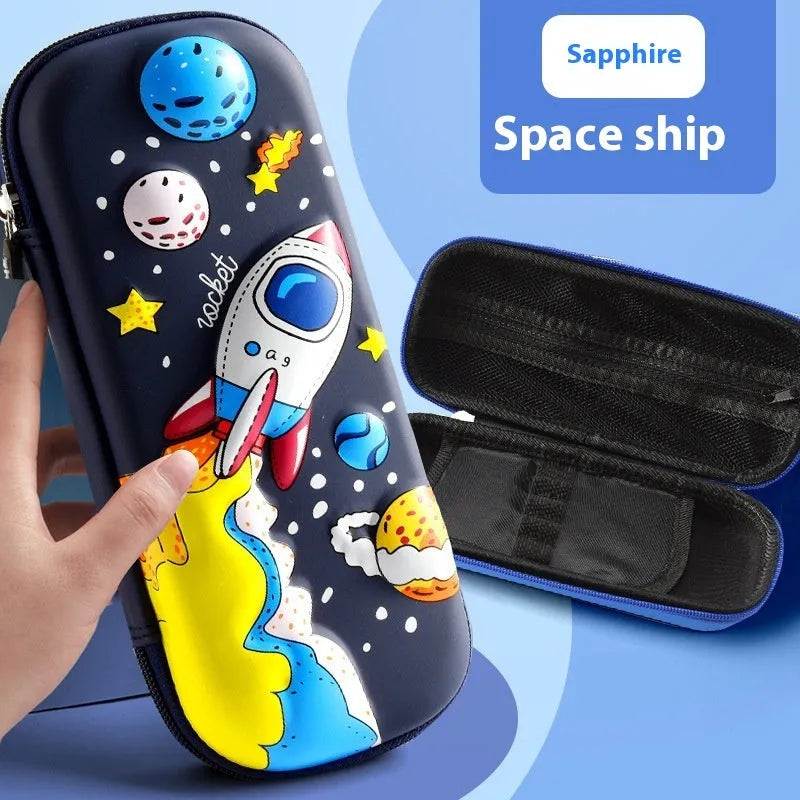 3D leather pencil case with embossed spaceship design organising pens and pencils