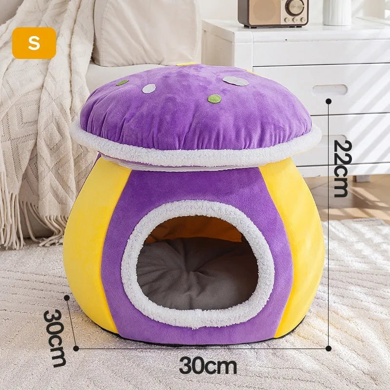 Mushroom-shaped cat bed with detachable plush blanket in grey, pink or purple colour