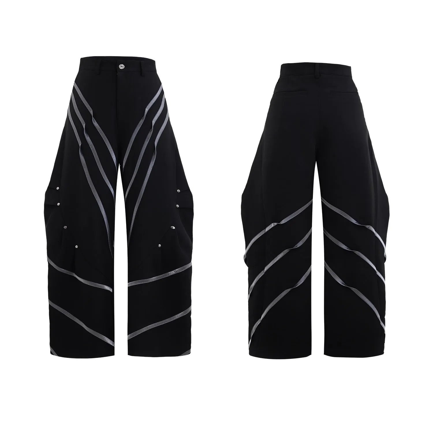 Men's black trousers with deconstructed three-dimensional cutting and metal rivets on the pleats