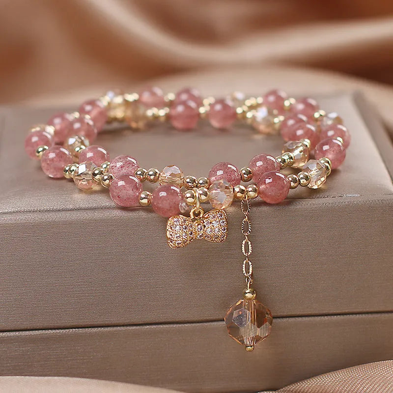 Fairy style natural strawberry quartz bracelet women's double layer gold U-shaped crystal jewellery