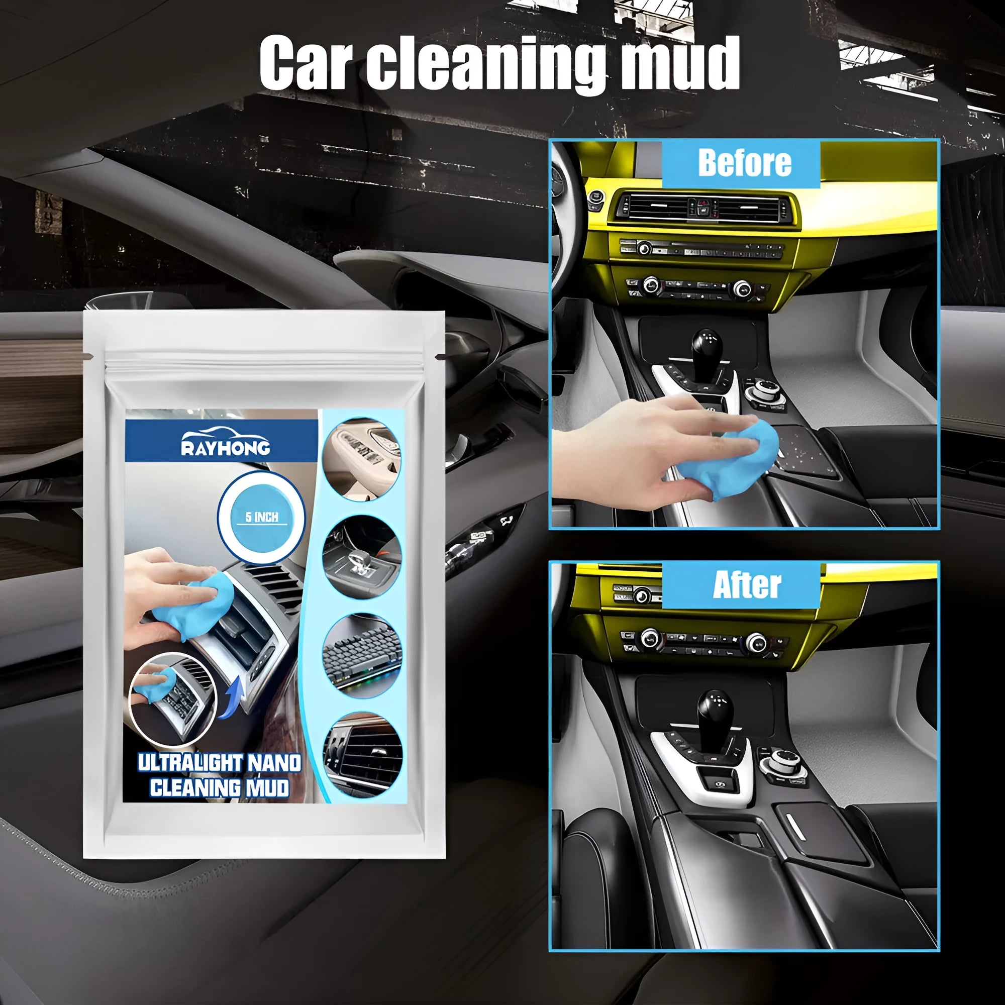 A block of grey car interior cleaning mud, 15cm by 10cm, for dust removal from vents and gaps.