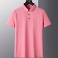 Non-ironing solid colour men's short sleeve business shirt on a hanger.
