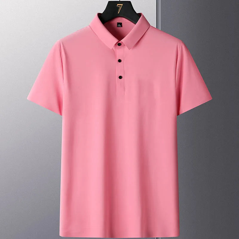 Non-ironing solid colour men's short sleeve business shirt on a hanger.