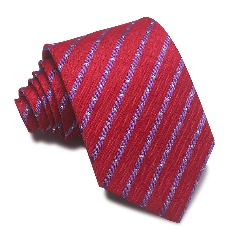 Men's striped jacquard business tie in red, showing arrow head shape and 8cm width.