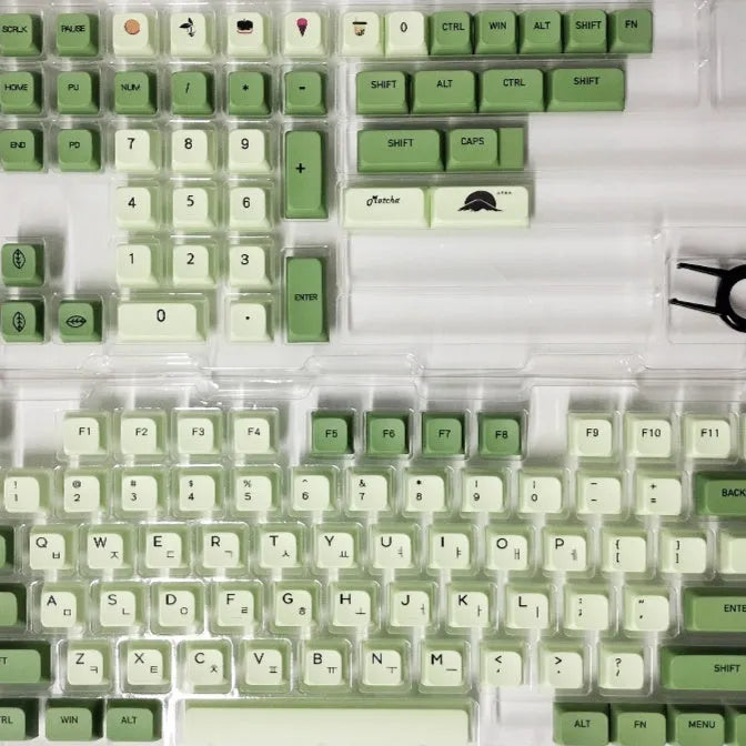 Matcha coloured PBT keycap set with 124 keys showing multiple language legend options