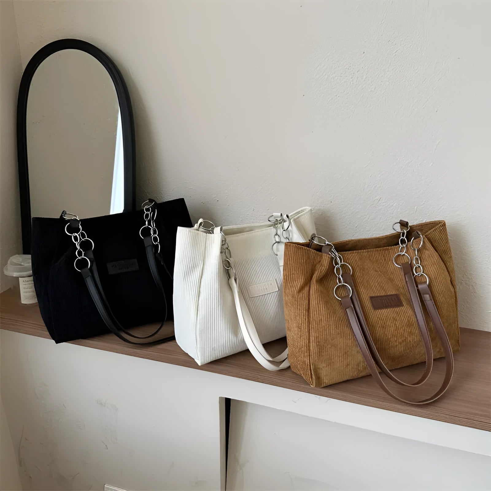 Corduroy one-shoulder tote handbag in black, brown, or white with horizontal square silhouette