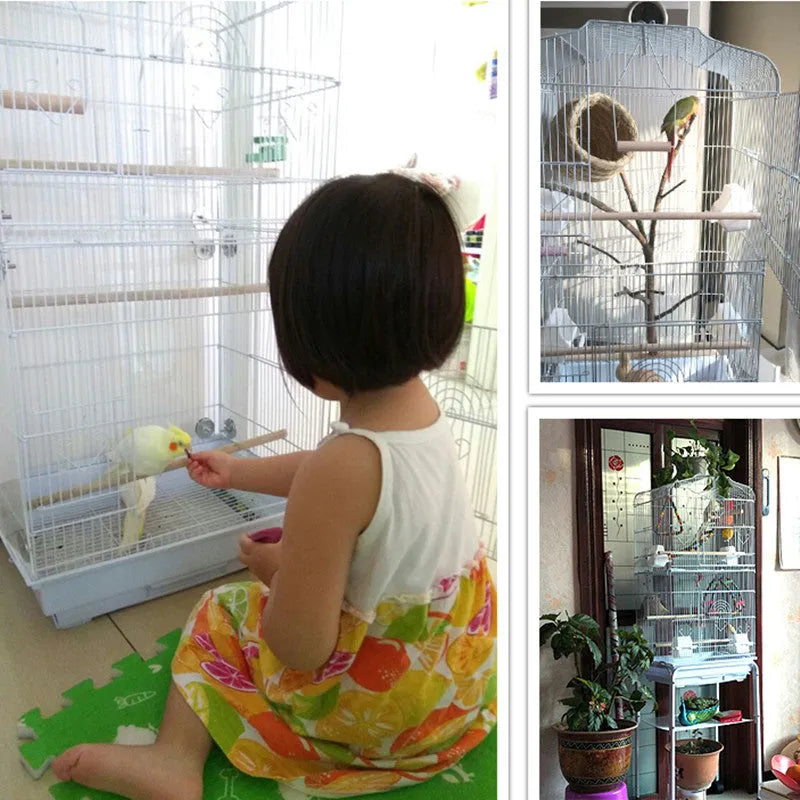 Portable black wire bird cage for small to medium parrots, 45.5x35x93.5cm, with wooden poles and plastic food cups