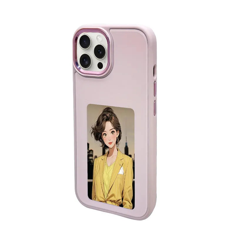 NFC projection screen four-colour e-ink bracket phone case for iPhone in graphite black, pink, or green.