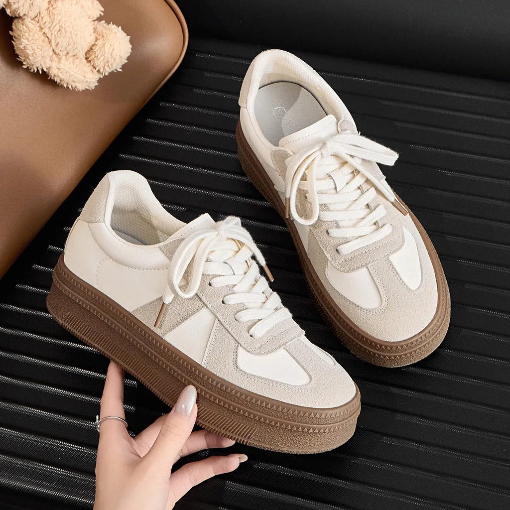 Retro round toe sports board shoes with cross shoulder strap detail in milky white colour