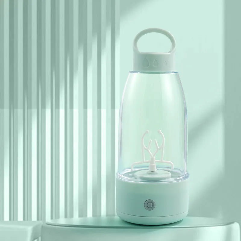 Automatic electric shaker bottle with USB charging port, handle, and lid in green, pink, or white.