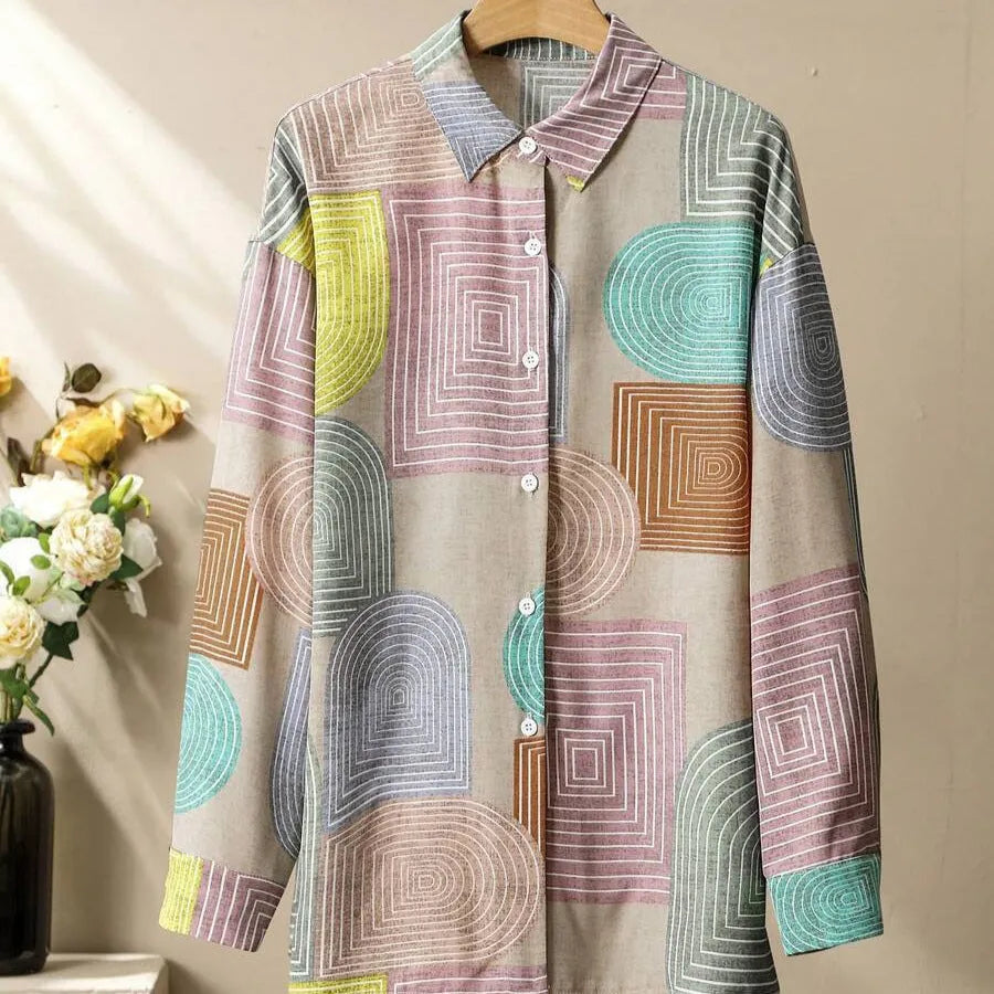 Women's geometric print long sleeve trousers suit set in picture colour, polyester fabric with buttons