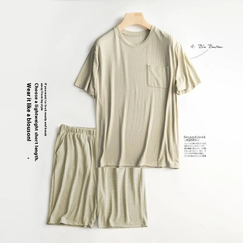 Men's thin polyester summer home wear suit with short sleeve T-shirt and matching shorts in oatmeal and deep gray colour combination