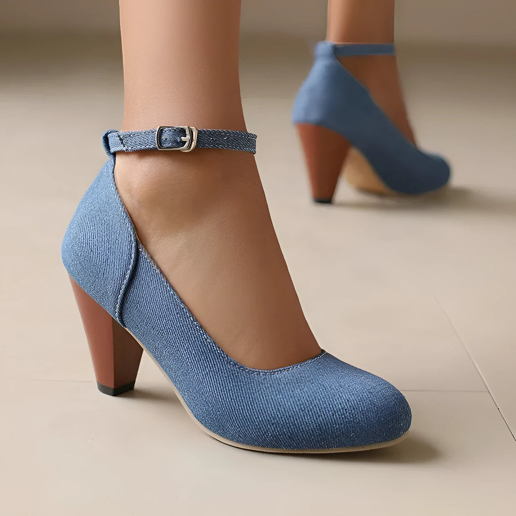Blue denim women's high heel ankle boots with a buckle strap and thick waterproof platform sole.