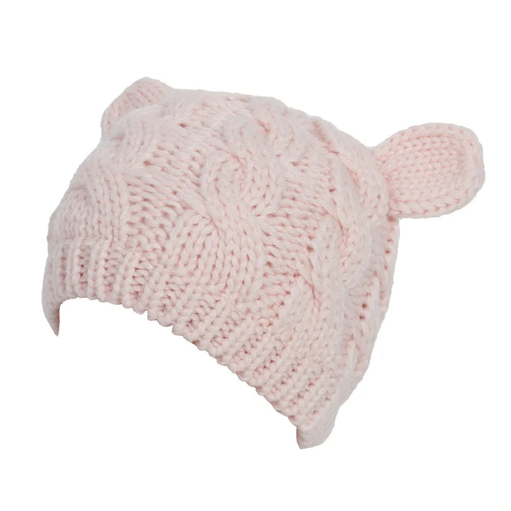 Hand made 3D knitted cat ear winter beanie in wool, shown in multiple colour options