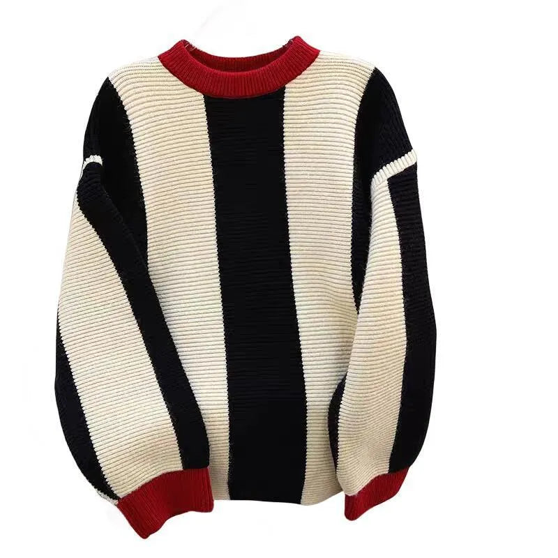 Women's striped wool knit sweater with contrast colour detailing and round neck