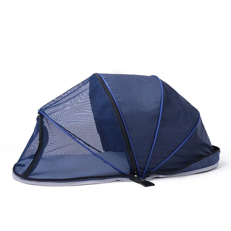 Folding pet tent with half mesh panels shown in blue colour option for cat travel and camping