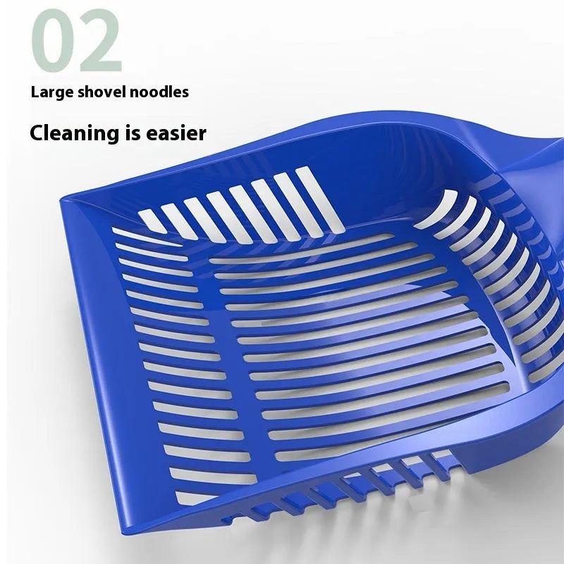 Plastic cat litter scoop in blue, red, or yellow colours showing small and medium size options