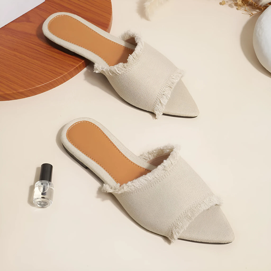 Women's denim slippers with tassel detail in multiple colour options