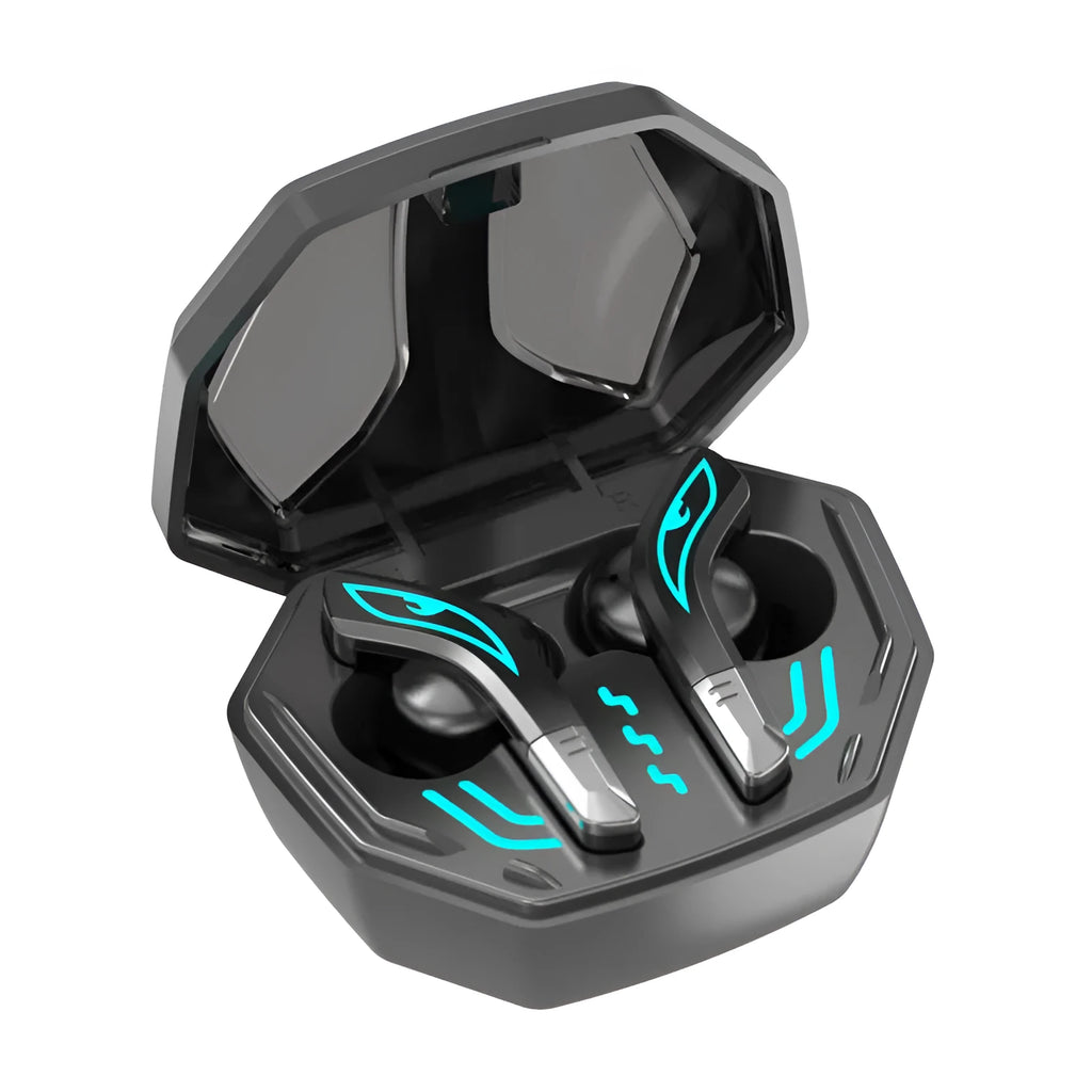 X15 wireless in-ear gaming headphones in black with charging case and cable.