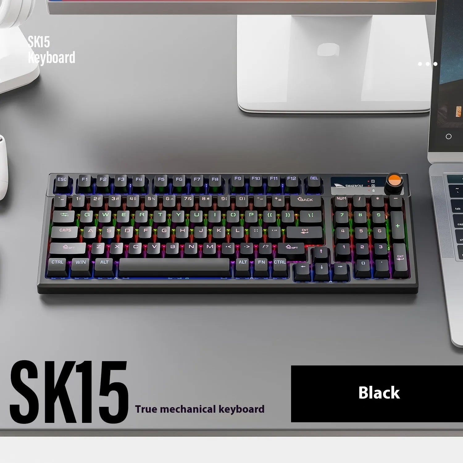 SK15 wired mechanical gaming keyboard with control knob in three colour options: Black, Sunset Orange, and Autumn Water Blue