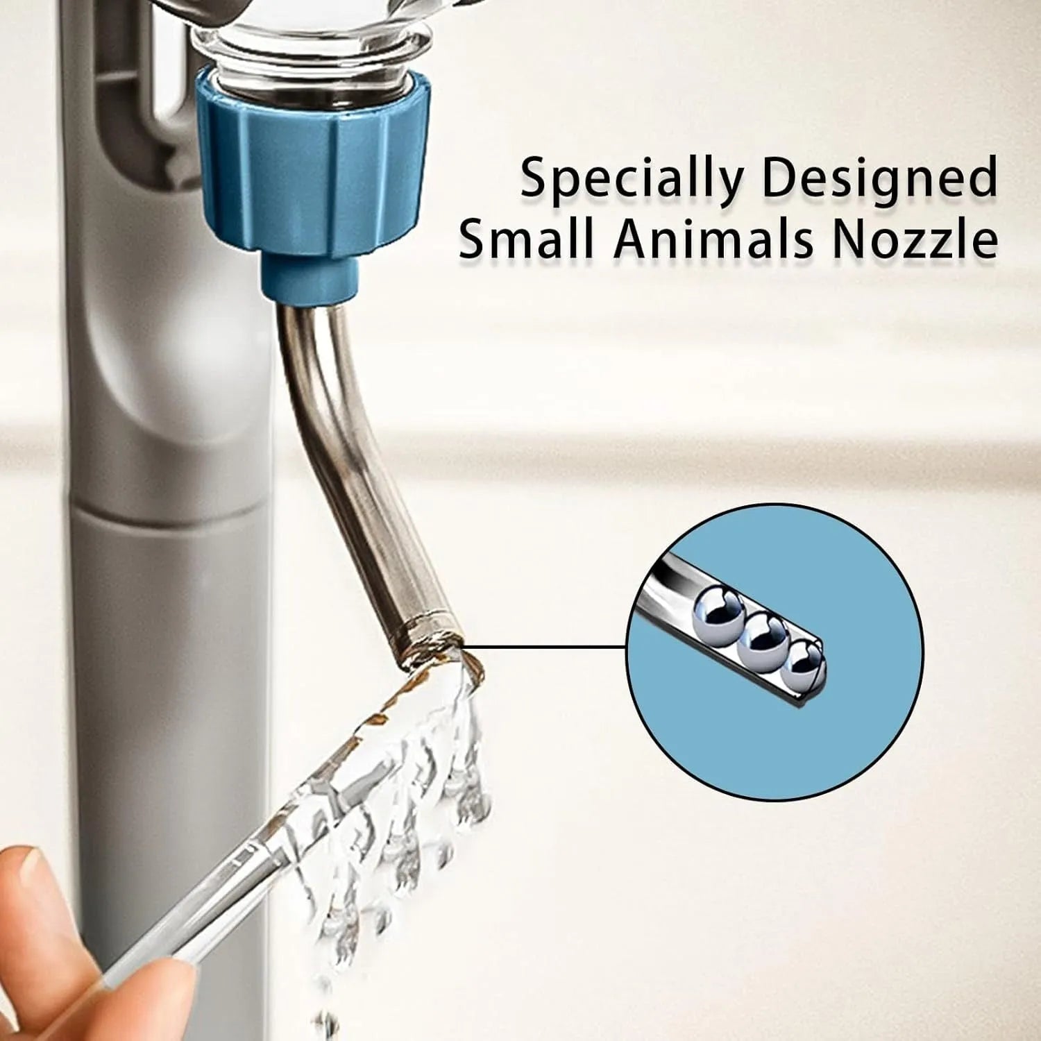 Blue small animal cage water bottle with stainless steel nozzle, shown next to a guinea pig.