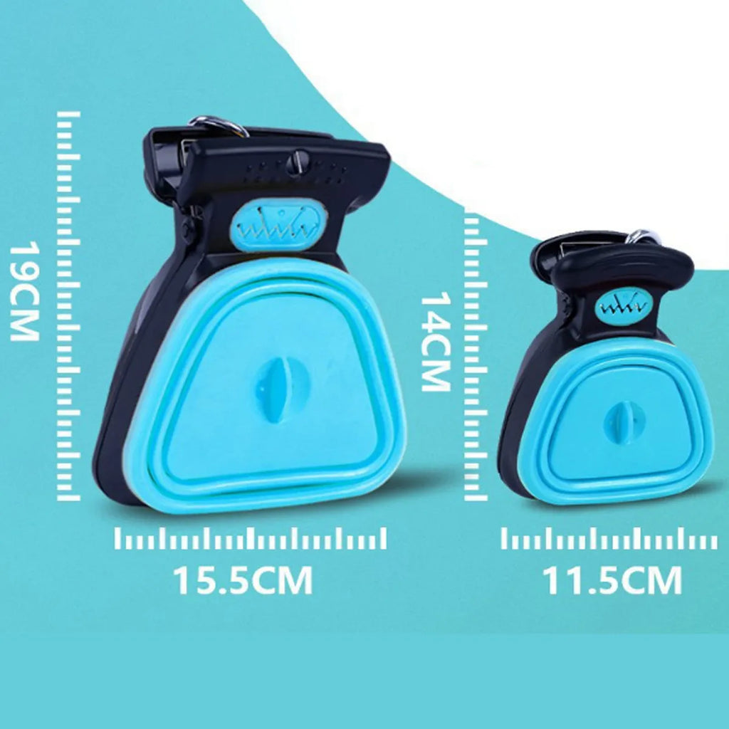 Blue handheld pooper scooper with clip and expandable waste container for dog cleanup.